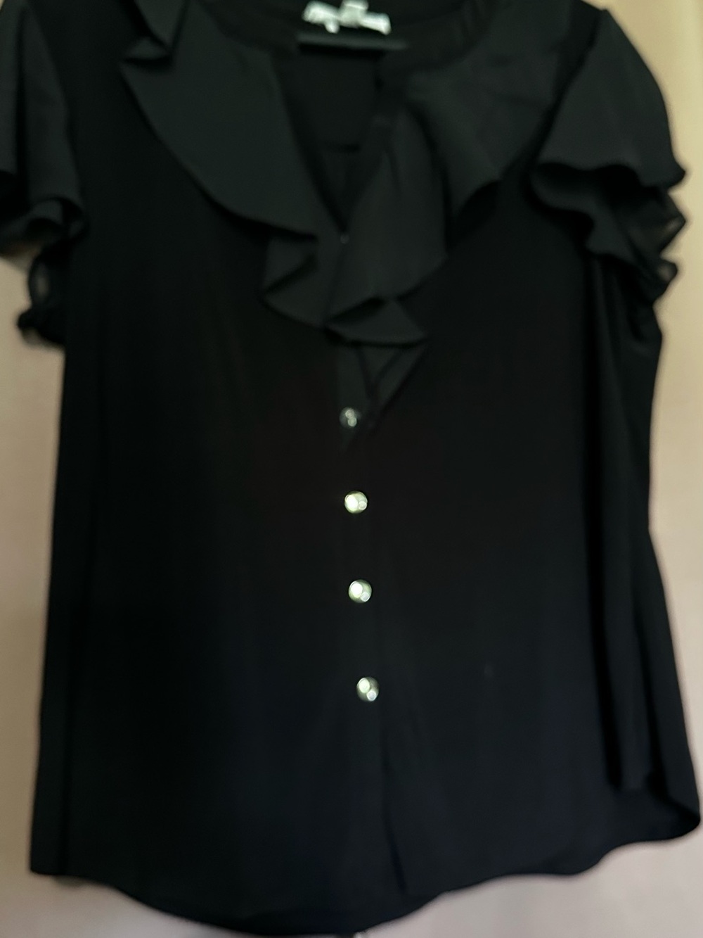 PerSeption Concept Black Ruffle V-Neck Button Blouse